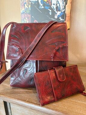Hand-Tooled Red Leather Crossbody Bag with Matching Wallet